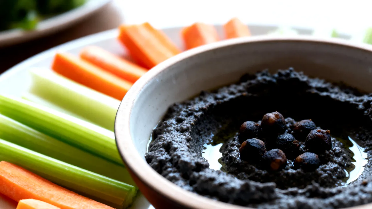 Hummus di ceci neri con bastoncini di sedano e carote"